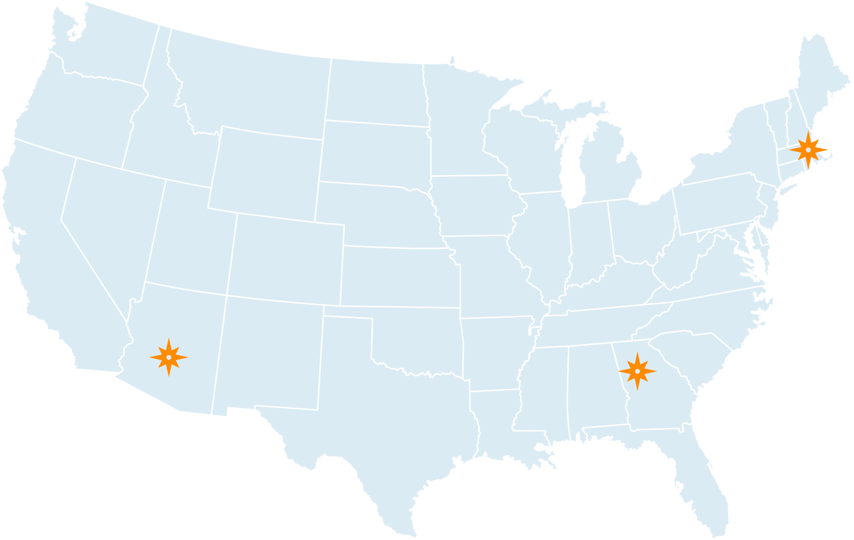 Map of United States with locations of Coretelligent starred